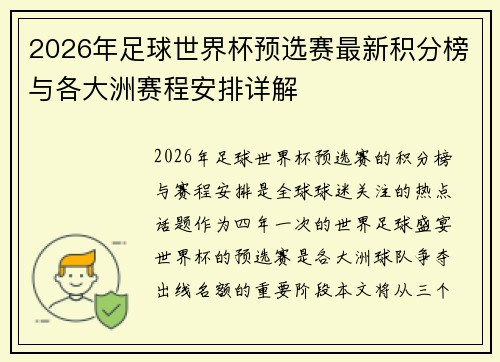 2026年足球世界杯预选赛最新积分榜与各大洲赛程安排详解