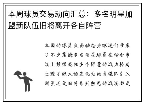 本周球员交易动向汇总:多名明星加盟新队伍旧将离开各自阵营 本周球员交易动向汇总:多名明星加盟新队伍旧将离开各自阵营